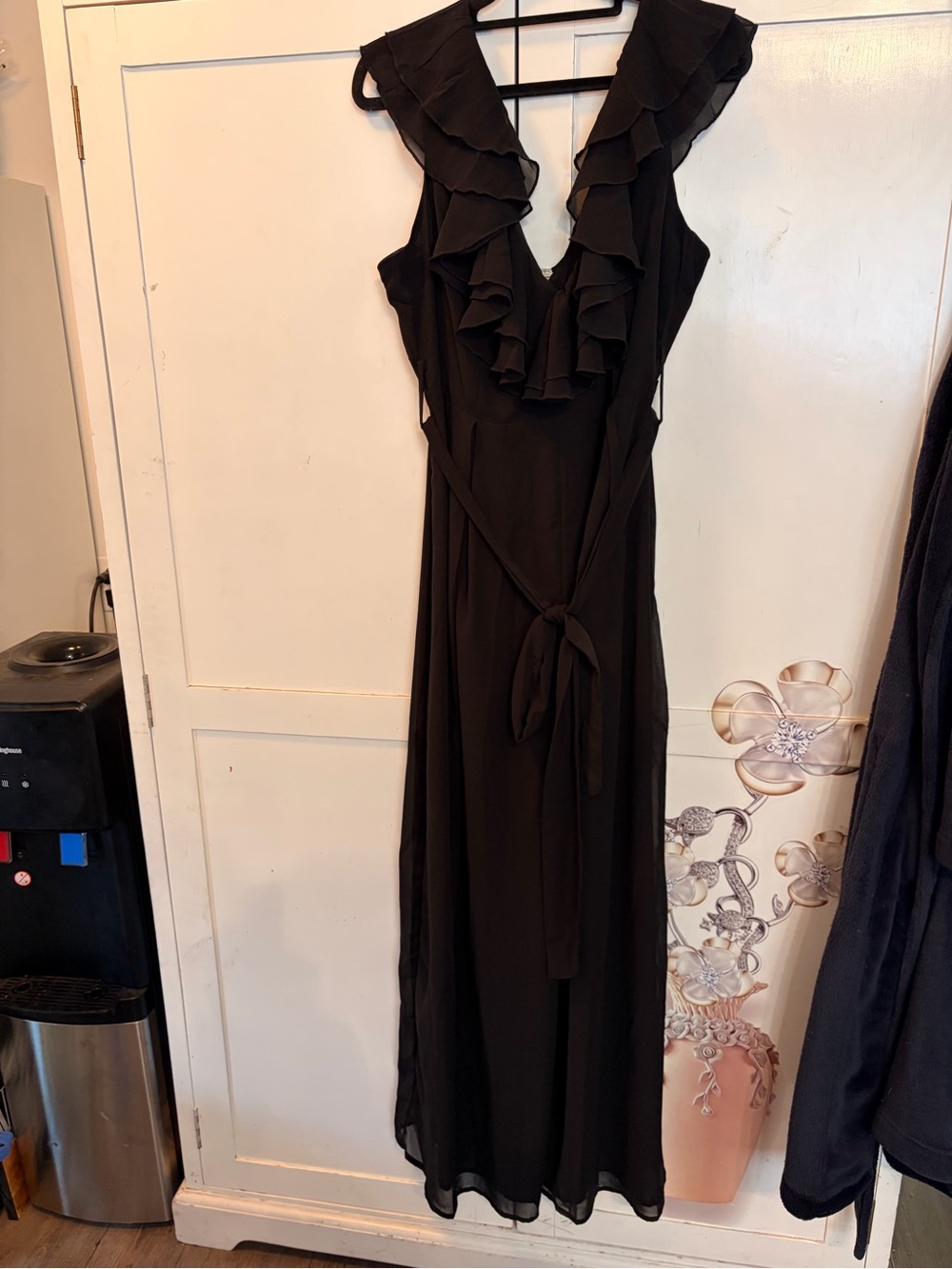 Women's Black Ruffled V-Neck Jumpsuit with Tie Waist